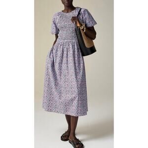 J.Crew Meadow Dress Poppy Cotton Poplin Midi Floral Puff Sleeve Smocked